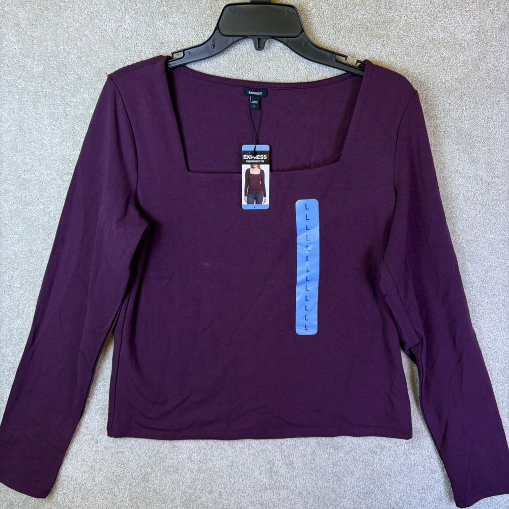Express Squareneck Top Womens Large Burgundy Long Sleeve Fitted Solid NEW